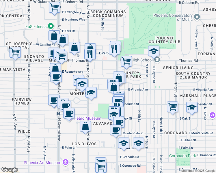 map of restaurants, bars, coffee shops, grocery stores, and more near 368 East Virginia Avenue in Phoenix