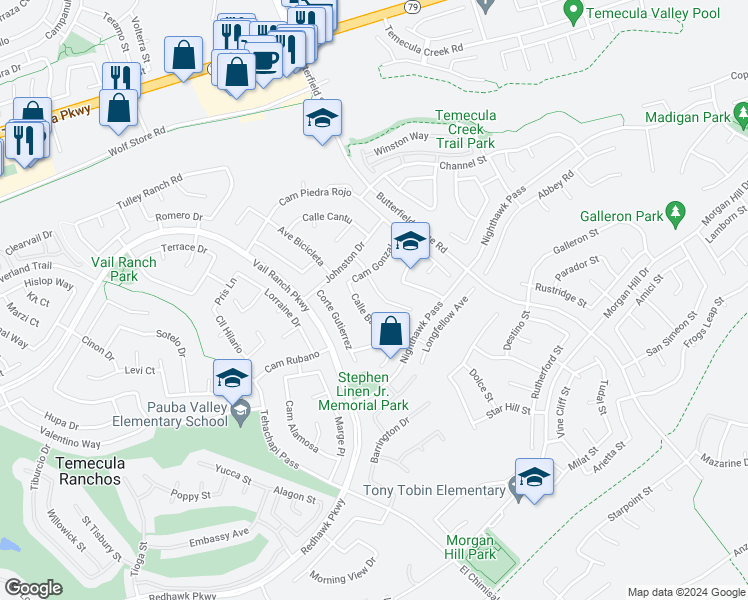 map of restaurants, bars, coffee shops, grocery stores, and more near 44737 Corte Sanchez in Temecula