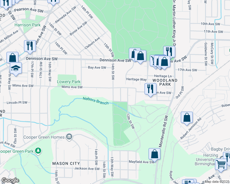 map of restaurants, bars, coffee shops, grocery stores, and more near 1513 14th Street Southwest in Birmingham