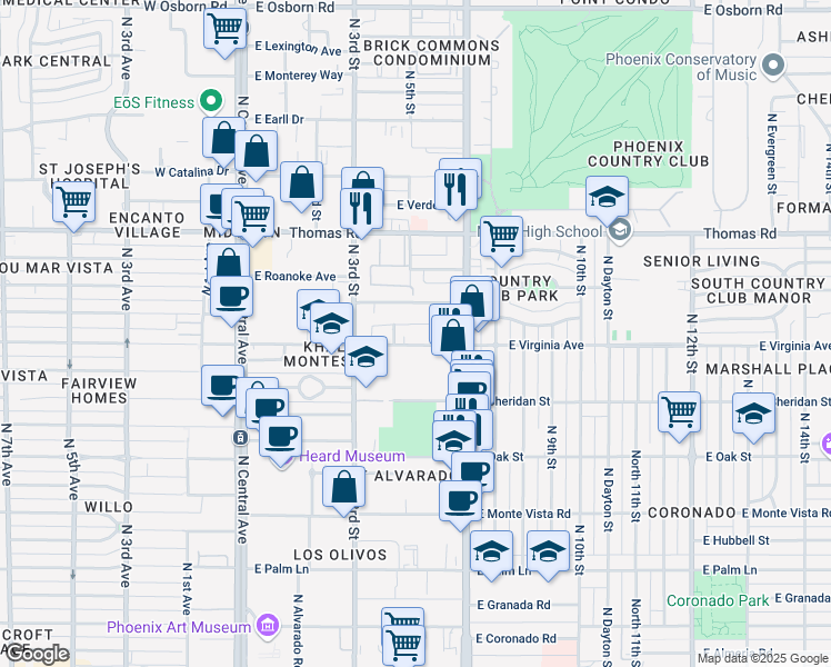 map of restaurants, bars, coffee shops, grocery stores, and more near 368 East Virginia Avenue in Phoenix