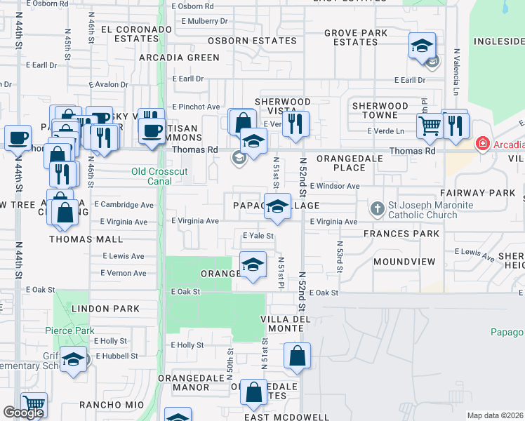 map of restaurants, bars, coffee shops, grocery stores, and more near 5029 East Cambridge Avenue in Phoenix