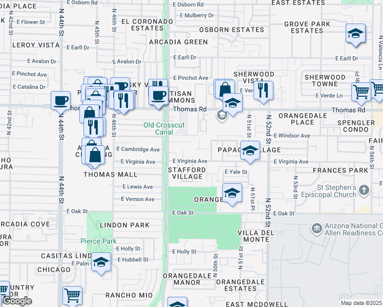 map of restaurants, bars, coffee shops, grocery stores, and more near 4840 East Virginia Avenue in Phoenix