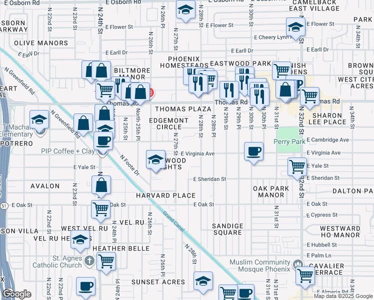 map of restaurants, bars, coffee shops, grocery stores, and more near 2714 East Virginia Avenue in Phoenix