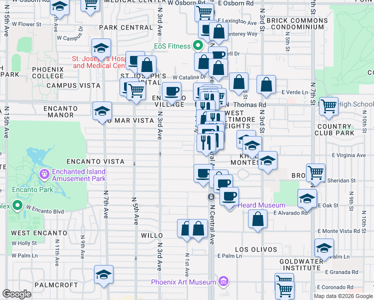 map of restaurants, bars, coffee shops, grocery stores, and more near 2650 North 1st Avenue in Phoenix