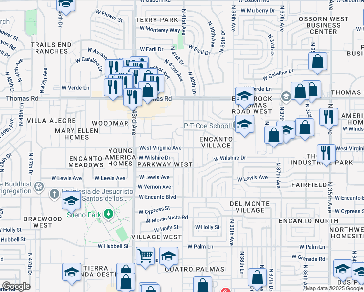 map of restaurants, bars, coffee shops, grocery stores, and more near 4102 Virginia Avenue in Phoenix