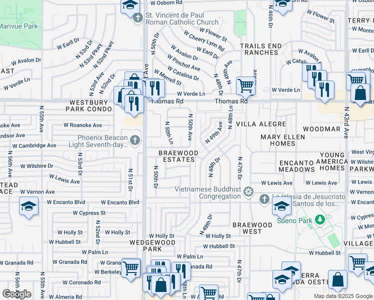 map of restaurants, bars, coffee shops, grocery stores, and more near 5005 West Cambridge Avenue in Phoenix