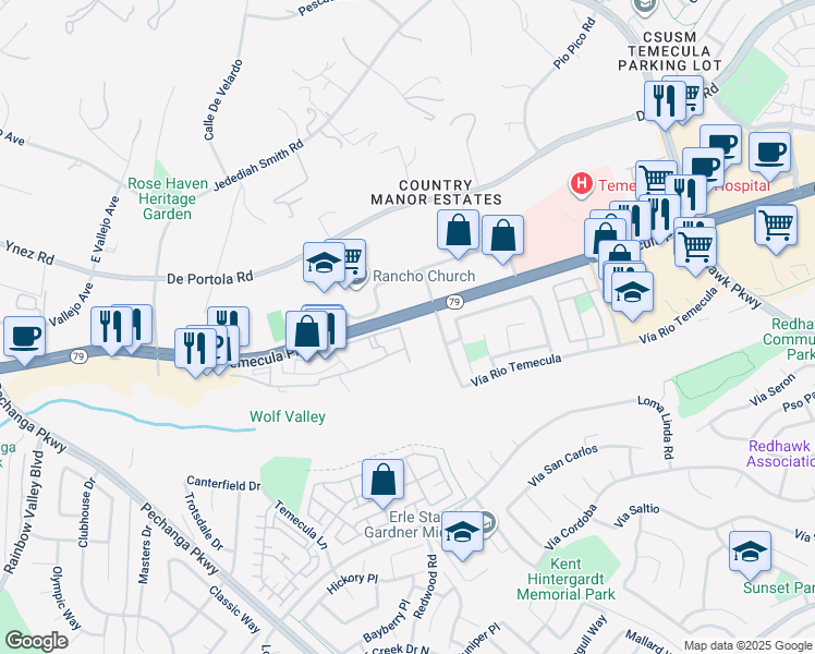 map of restaurants, bars, coffee shops, grocery stores, and more near 44706 Adam Lane in Temecula
