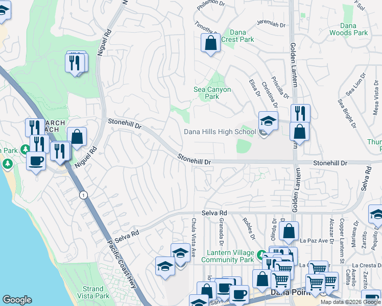 map of restaurants, bars, coffee shops, grocery stores, and more near 24261 De Leon Drive in Dana Point