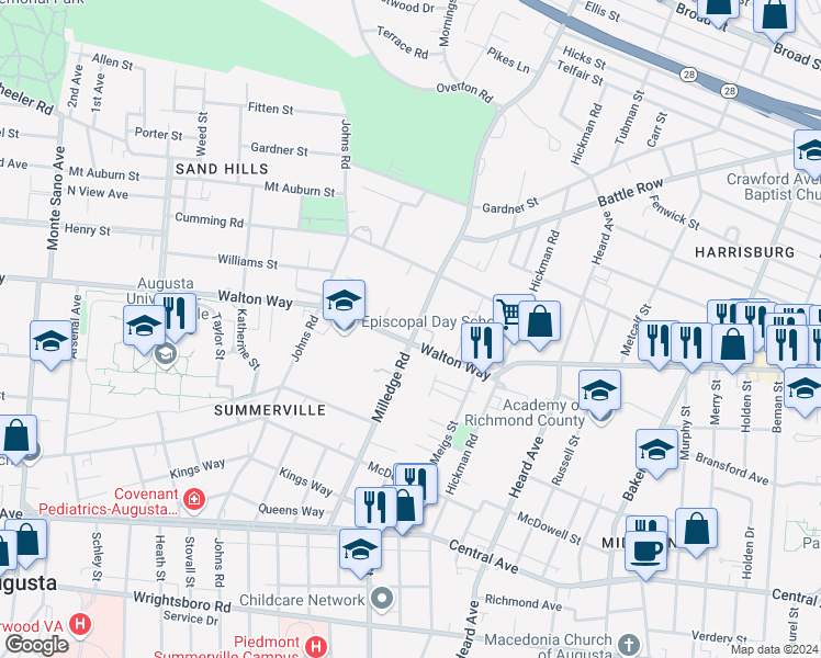 map of restaurants, bars, coffee shops, grocery stores, and more near 898-826 Milledge Road in Augusta