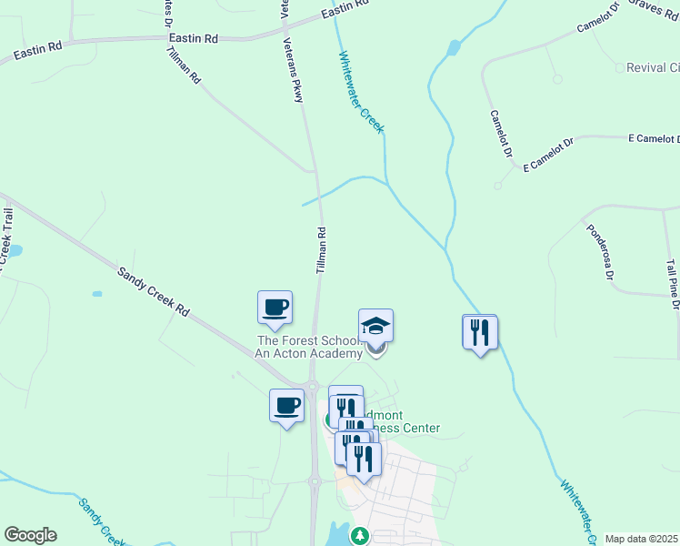 map of restaurants, bars, coffee shops, grocery stores, and more near 539 Veterans Parkway in Fayetteville