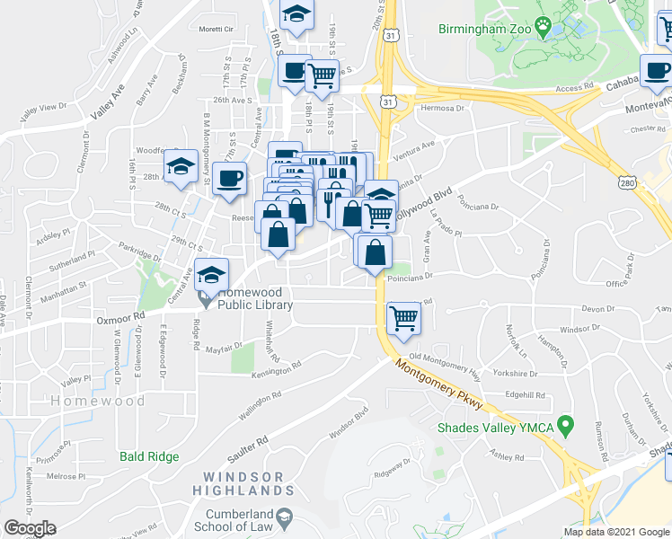 map of restaurants, bars, coffee shops, grocery stores, and more near 3014 Firefighter Lane in Birmingham