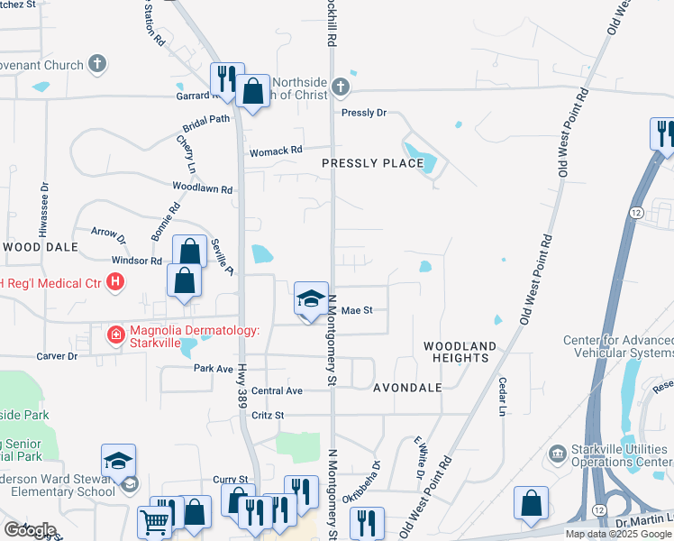 map of restaurants, bars, coffee shops, grocery stores, and more near 817 North Montgomery Street in Starkville