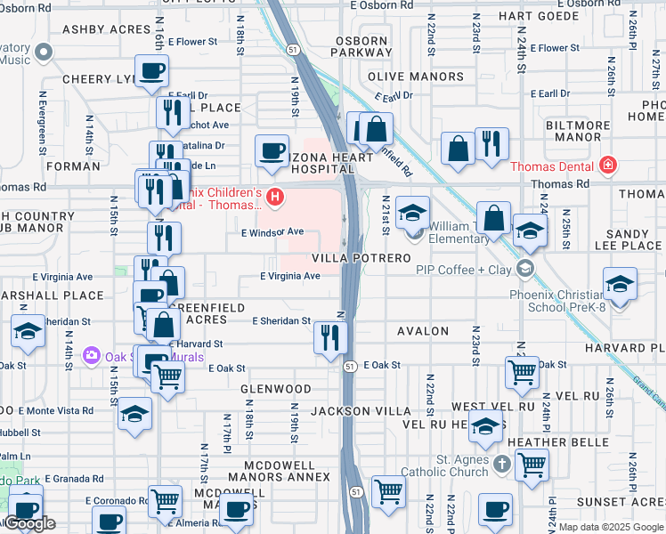 map of restaurants, bars, coffee shops, grocery stores, and more near 2632 North 20th Street in Phoenix