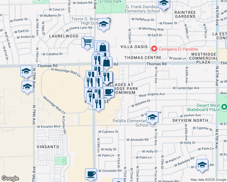 map of restaurants, bars, coffee shops, grocery stores, and more near 2620 North 73rd Glen in Phoenix