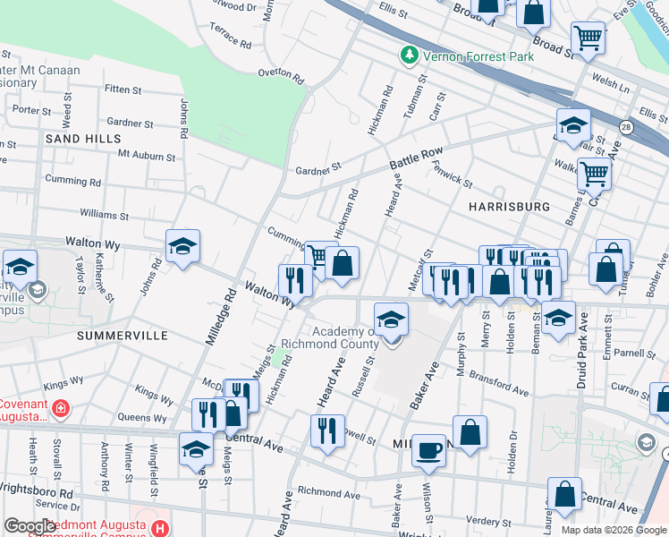 map of restaurants, bars, coffee shops, grocery stores, and more near 850 Hickman Road in Augusta