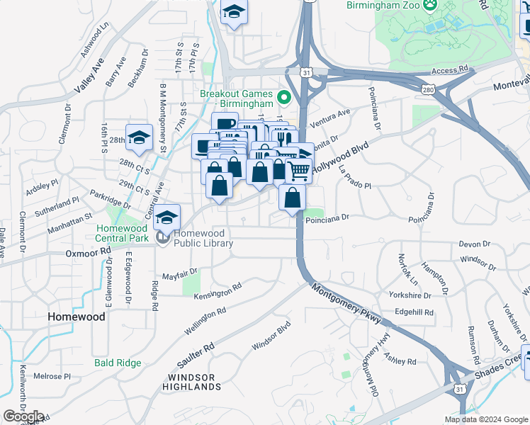 map of restaurants, bars, coffee shops, grocery stores, and more near 3015 Firefighter Lane in Birmingham