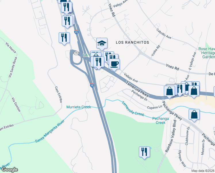 map of restaurants, bars, coffee shops, grocery stores, and more near 44584 La Paz Road in Temecula