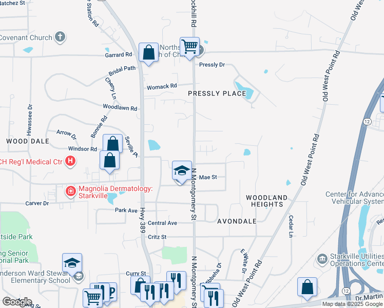 map of restaurants, bars, coffee shops, grocery stores, and more near 817 North Montgomery Street in Starkville