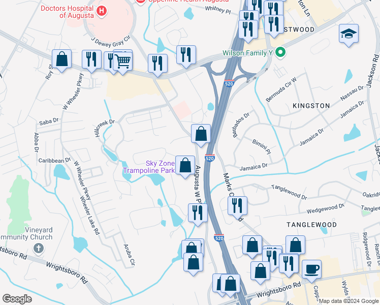 map of restaurants, bars, coffee shops, grocery stores, and more near 1245 Augusta West Parkway in Augusta