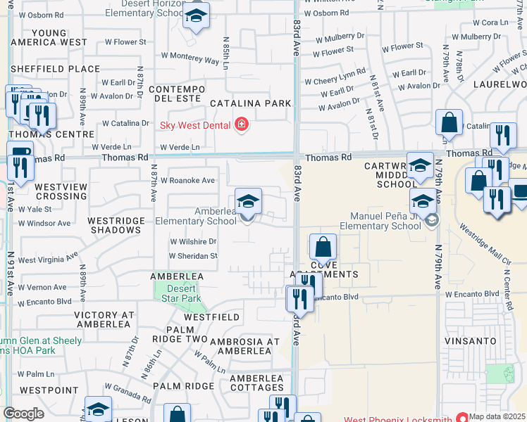map of restaurants, bars, coffee shops, grocery stores, and more near 8400 West Virginia Avenue in Phoenix