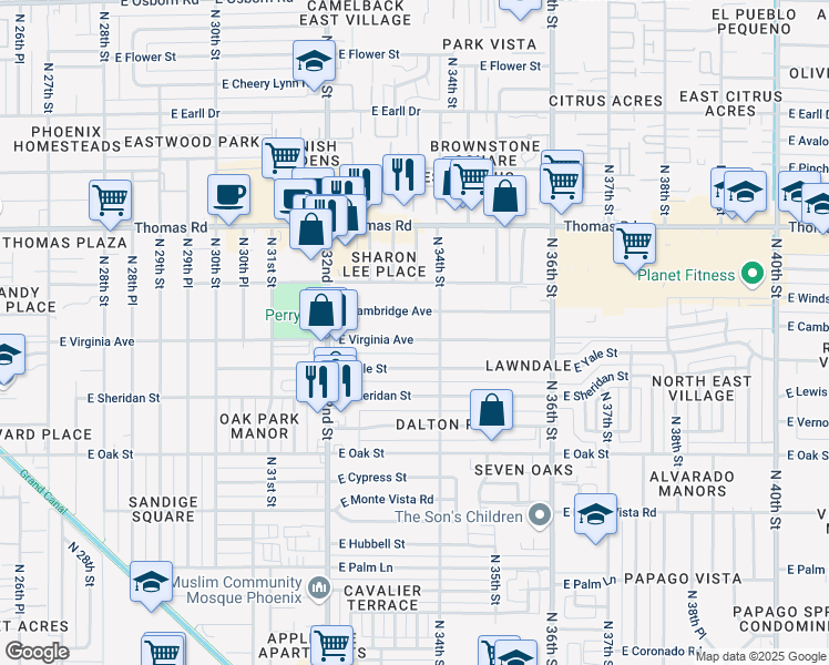 map of restaurants, bars, coffee shops, grocery stores, and more near 3330 East Virginia Avenue in Phoenix