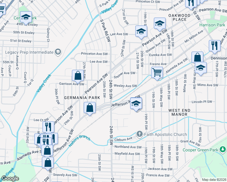 map of restaurants, bars, coffee shops, grocery stores, and more near 913 24th Street Southwest in Birmingham