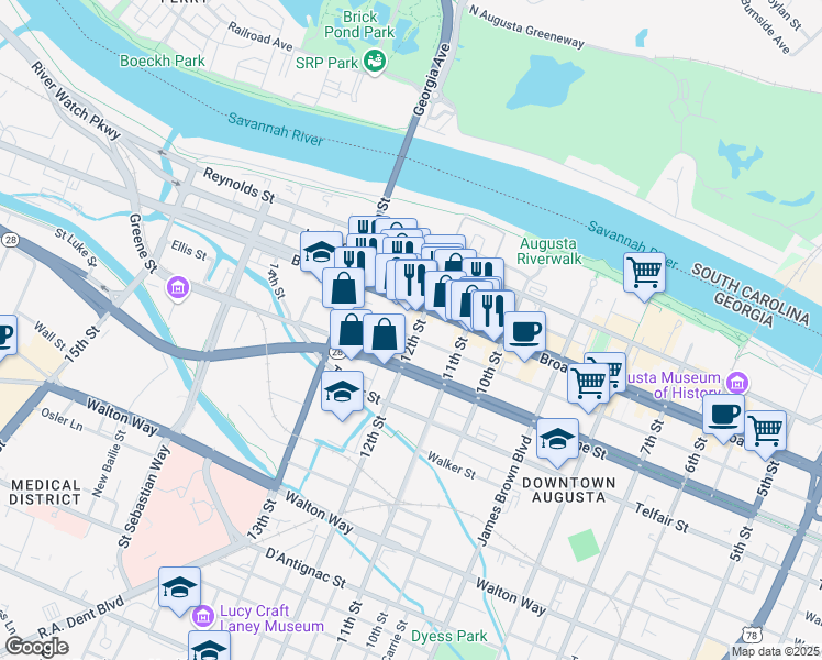 map of restaurants, bars, coffee shops, grocery stores, and more near 221 12th Street in Augusta