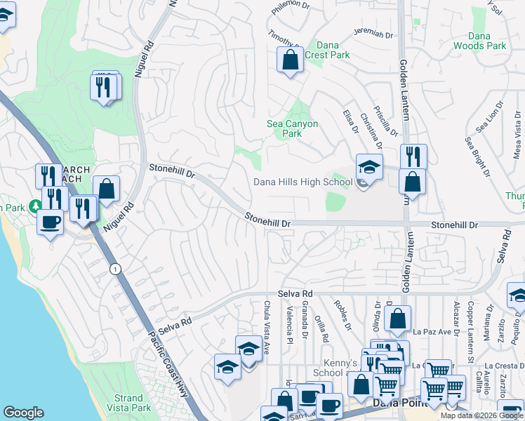 map of restaurants, bars, coffee shops, grocery stores, and more near 24261 De Leon Drive in Dana Point