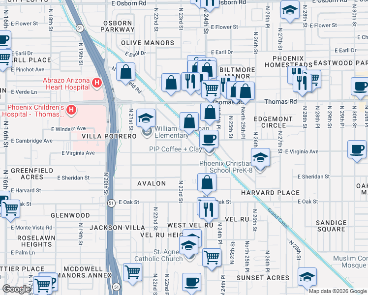 map of restaurants, bars, coffee shops, grocery stores, and more near 2701 North 23rd Street in Phoenix