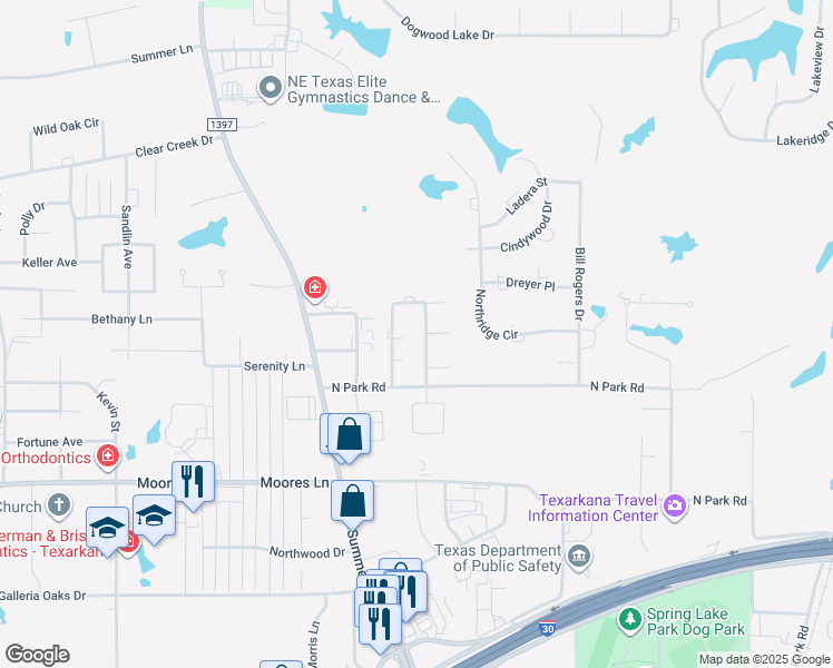 map of restaurants, bars, coffee shops, grocery stores, and more near 10 Greenbriar Forest Circle in Texarkana