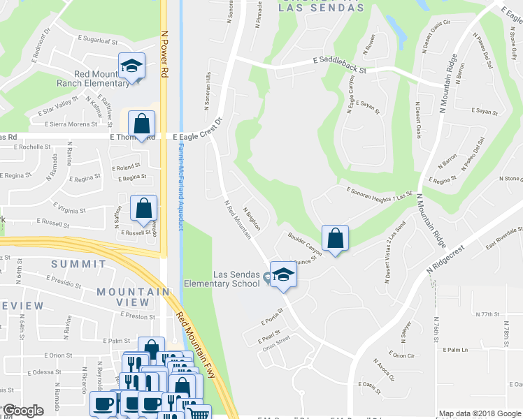 map of restaurants, bars, coffee shops, grocery stores, and more near 3342 North Boulder Canyon in Mesa