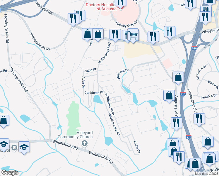 map of restaurants, bars, coffee shops, grocery stores, and more near 5000 Sanctuary Drive in Augusta