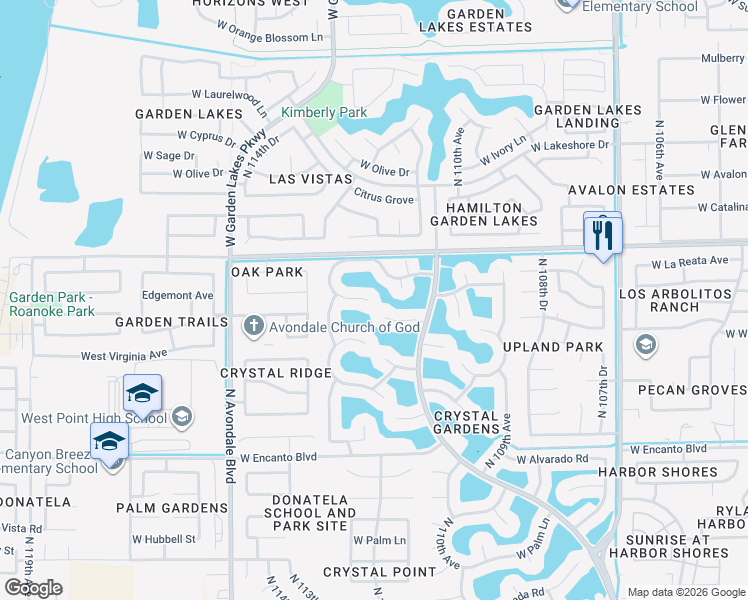 map of restaurants, bars, coffee shops, grocery stores, and more near 11201 West Roanoke Avenue in Avondale