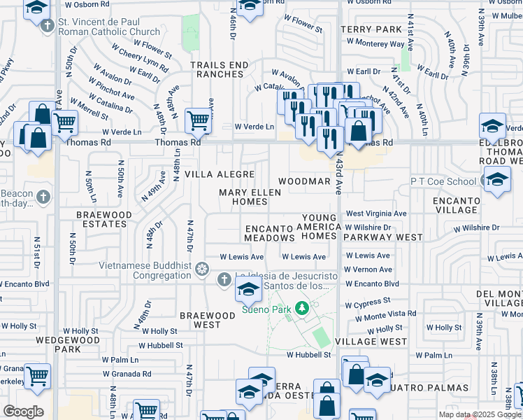 map of restaurants, bars, coffee shops, grocery stores, and more near 4508 West Virginia Avenue in Phoenix