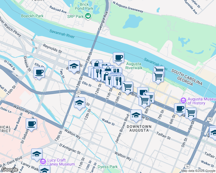 map of restaurants, bars, coffee shops, grocery stores, and more near 1128 Broad Street in Augusta
