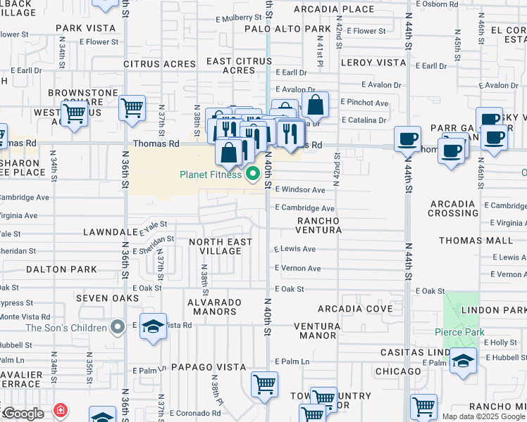 map of restaurants, bars, coffee shops, grocery stores, and more near 2558 North 40th Street in Phoenix