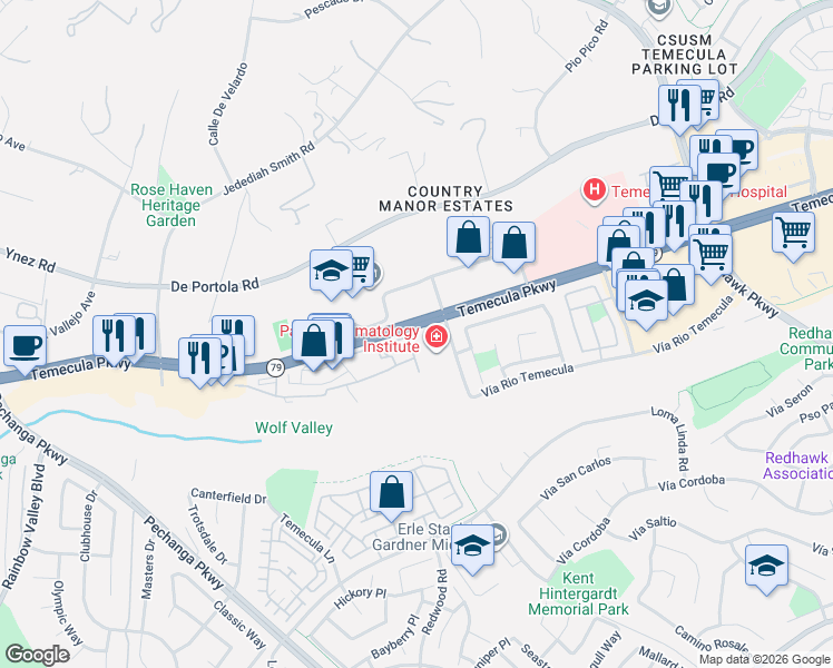 map of restaurants, bars, coffee shops, grocery stores, and more near 44706 Adam Lane in Temecula