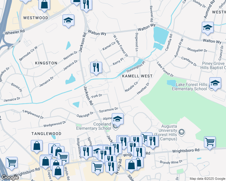 map of restaurants, bars, coffee shops, grocery stores, and more near 841 Kamel Drive in Augusta