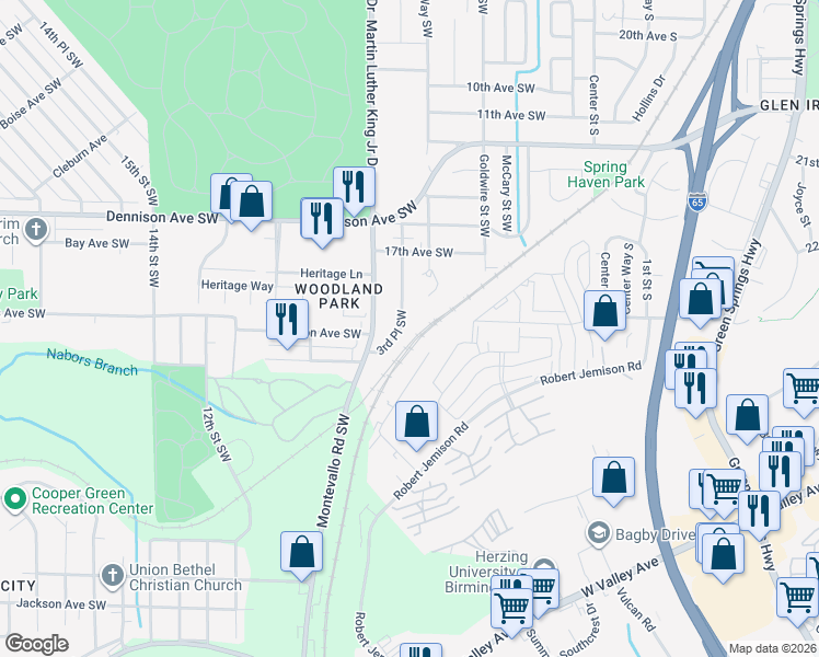map of restaurants, bars, coffee shops, grocery stores, and more near 1825 3rd Pl SW in Birmingham