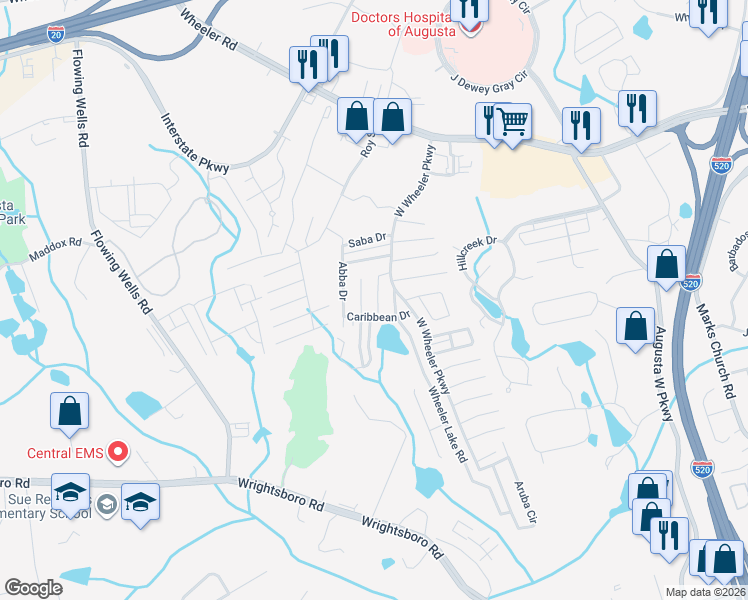 map of restaurants, bars, coffee shops, grocery stores, and more near 1031 Old Marks Drive in Augusta