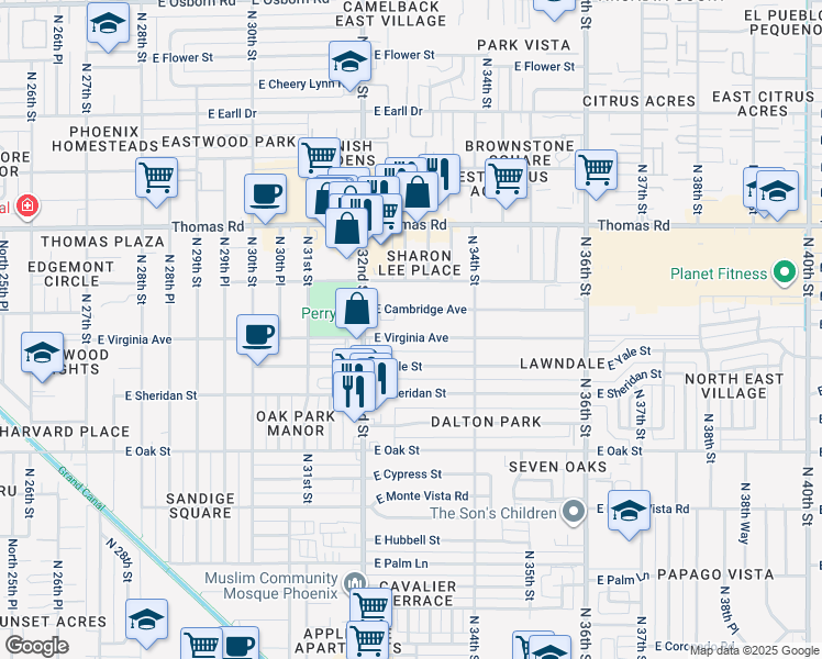 map of restaurants, bars, coffee shops, grocery stores, and more near 3242 East Virginia Avenue in Phoenix