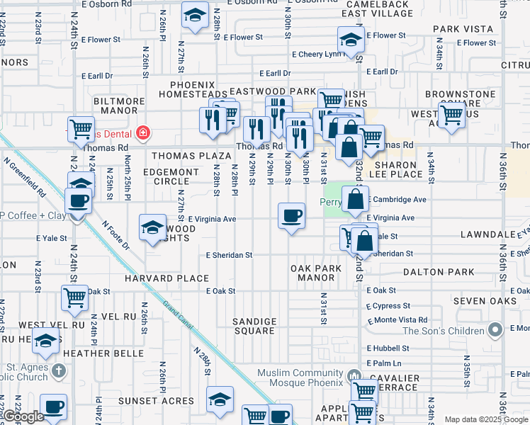map of restaurants, bars, coffee shops, grocery stores, and more near 2608 North 29th Place in Phoenix
