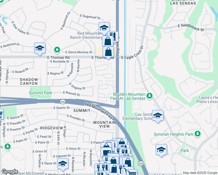 map of restaurants, bars, coffee shops, grocery stores, and more near 3405 North Sunaire in Mesa