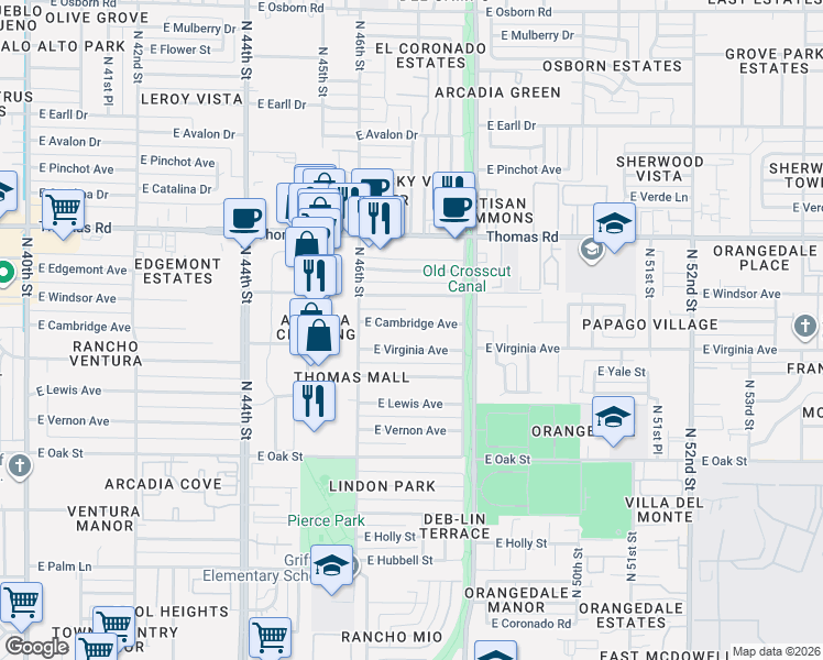 map of restaurants, bars, coffee shops, grocery stores, and more near 4633 East Cambridge Avenue in Phoenix