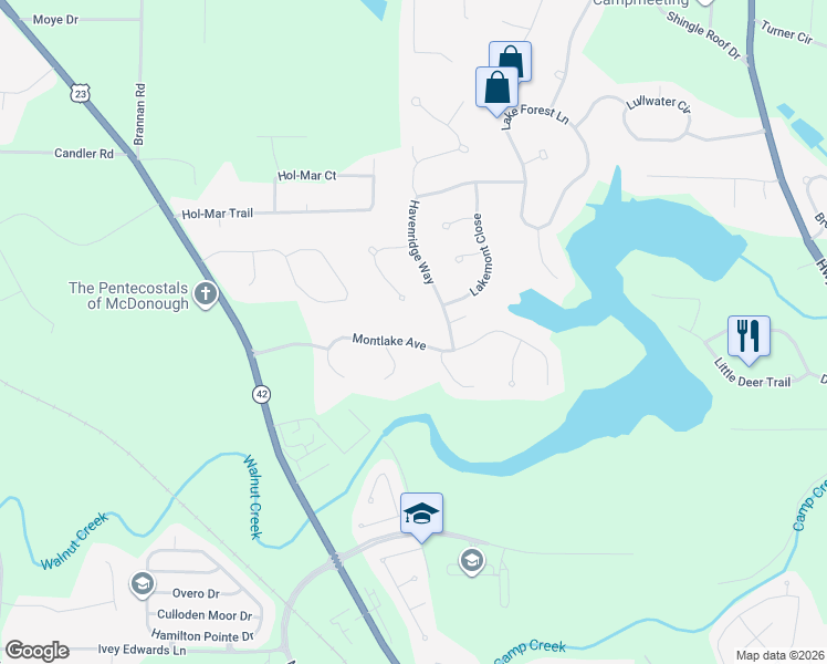 map of restaurants, bars, coffee shops, grocery stores, and more near 6160 Montlake Avenue in McDonough