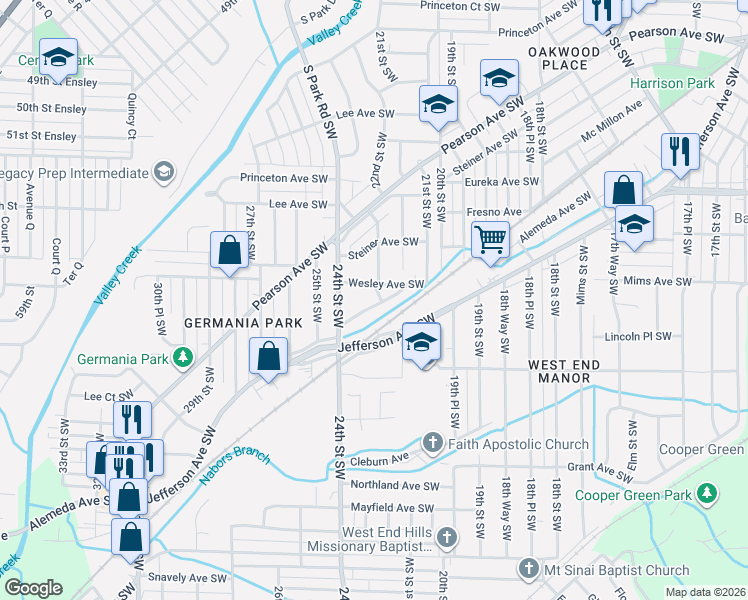 map of restaurants, bars, coffee shops, grocery stores, and more near 2228 Beulah Avenue Southwest in Birmingham