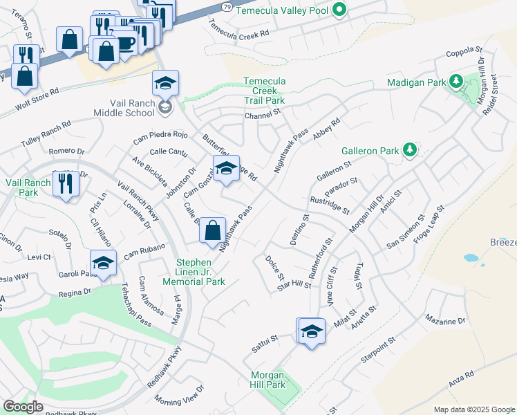 map of restaurants, bars, coffee shops, grocery stores, and more near 44729 Longfellow Avenue in Temecula