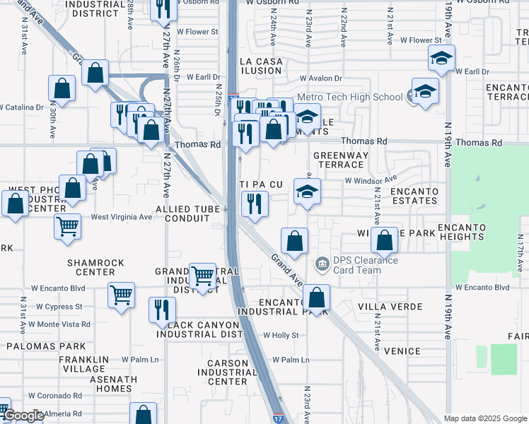 map of restaurants, bars, coffee shops, grocery stores, and more near 2450 Grand Avenue in Phoenix