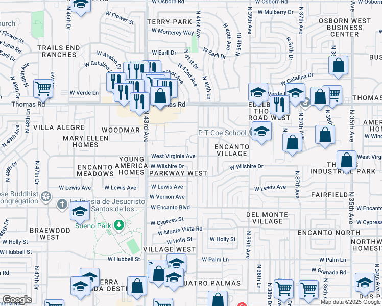 map of restaurants, bars, coffee shops, grocery stores, and more near 4102 Virginia Avenue in Phoenix