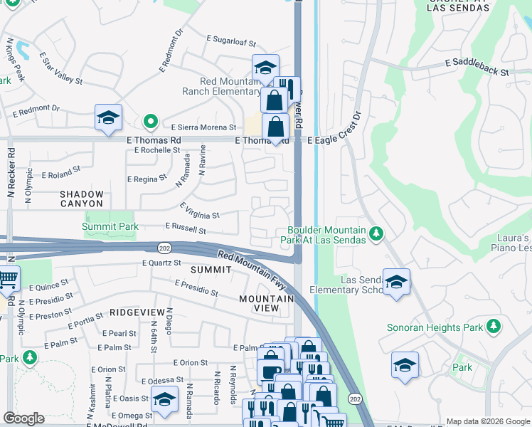 map of restaurants, bars, coffee shops, grocery stores, and more near 6656 East Virginia Street in Mesa